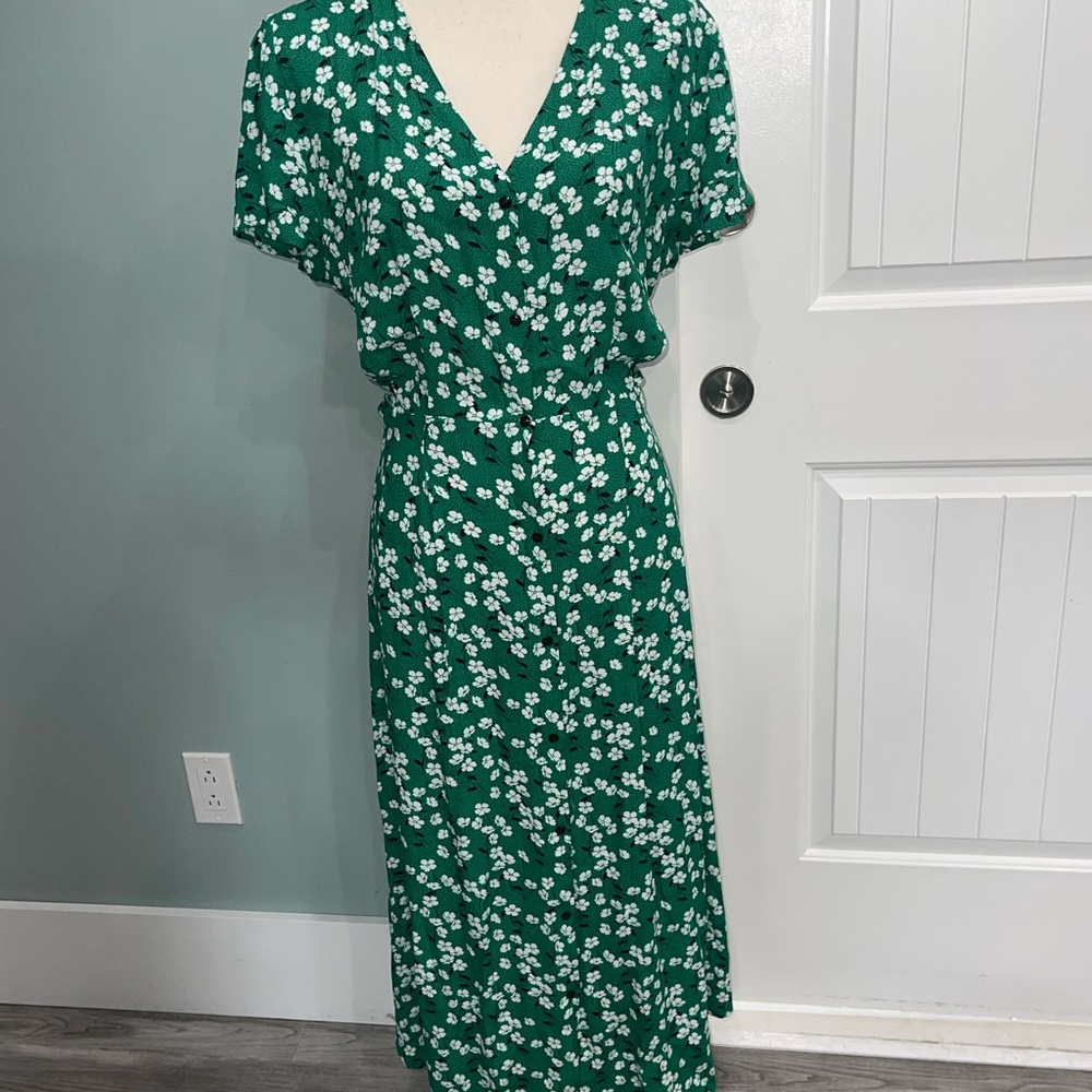 Ann Taylor Loft Green floral button front midi dress size 12
